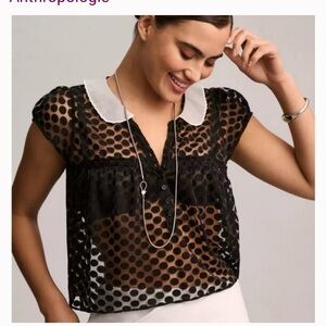 Sheer Black Polka Dot Top with White Collar